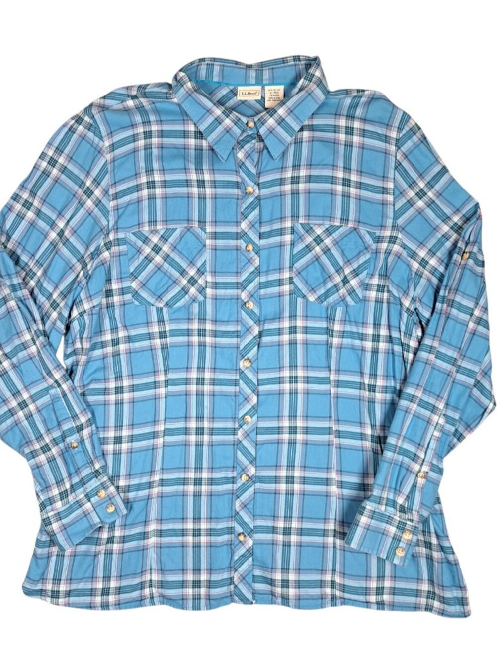 LL Bean Womens Plaid Flannel Shirt Blue XL Cotton Button Front Up Down Gorpcore